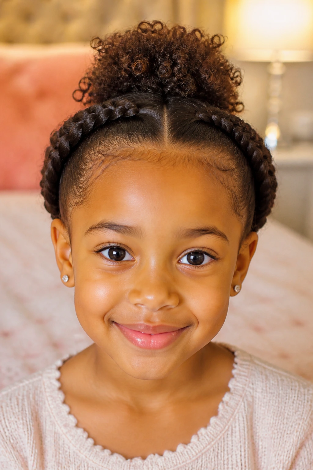 Front portrait of a girl with double halo braids and a center puff