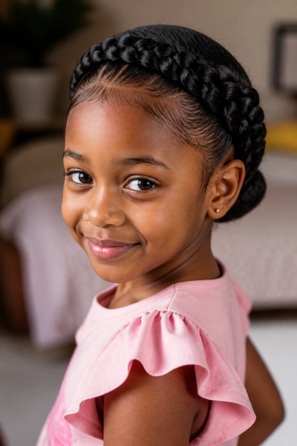Close-up of crown halo braids with tucked bun on a child