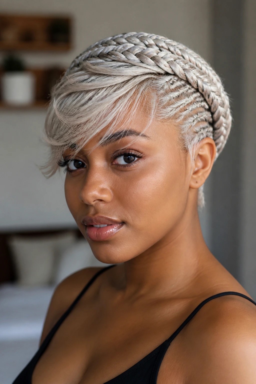 Close-up of a real woman wearing slim halo braids with a feathered fringe