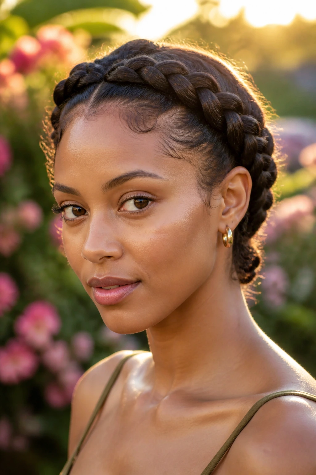 Close-up of a real person wearing soft halo braids with nape-length ends.