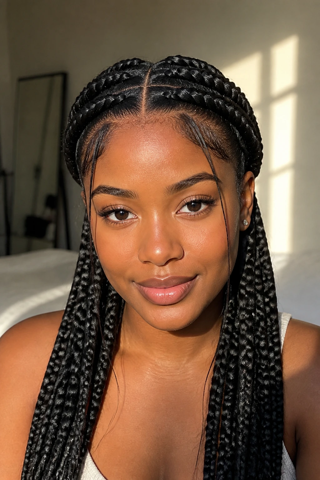 Real person with center-part halo braids and light front frame