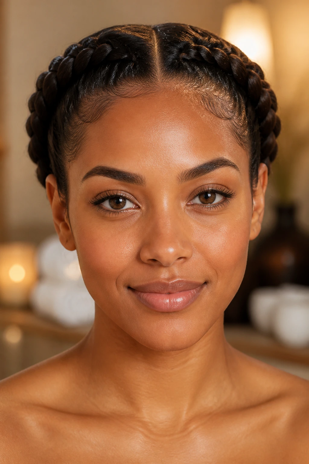 Close-up of double halo braids with tucked ends on a real woman
