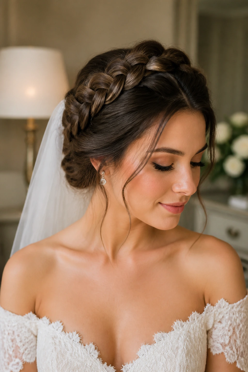 Close-up of real bride with halo bun framing the crown.