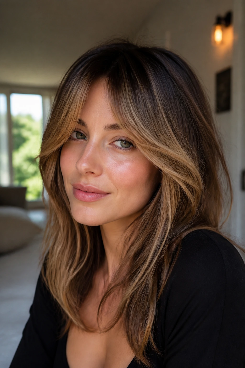 Close-up portrait of a real woman with curtain bangs framed by halo caramel highlights under soft window light