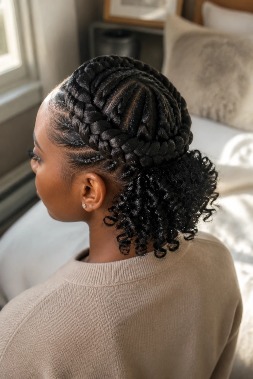 Three-quarter view of halo cornrows with loose curls at the back on a real person