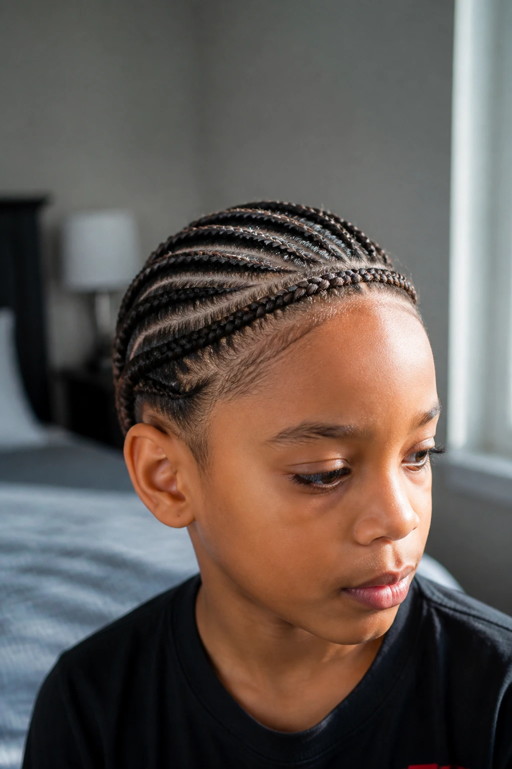 Close-up of a real boy's head with halo cornrows around the crown