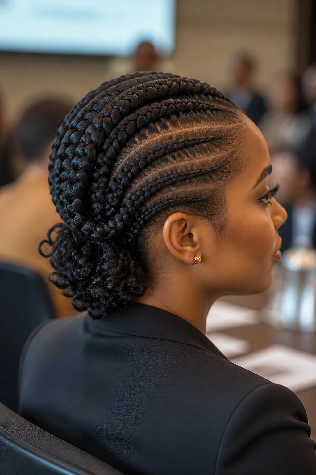 Real woman with halo cornrows and curly nape in a formal setting