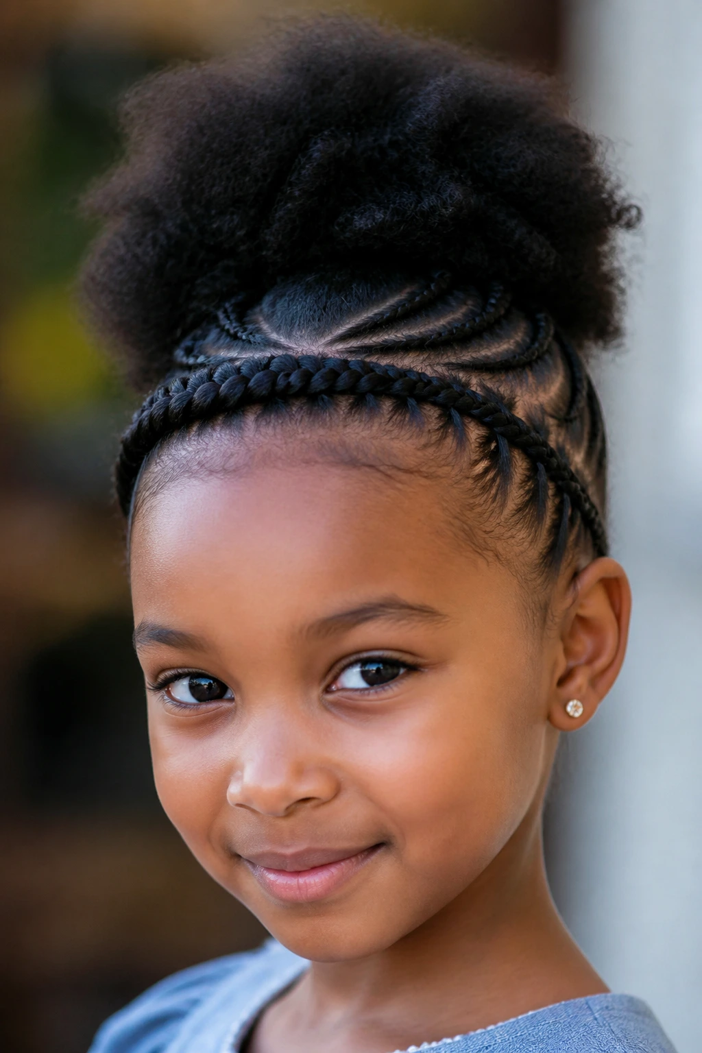 Girl with halo cornrows and high puff