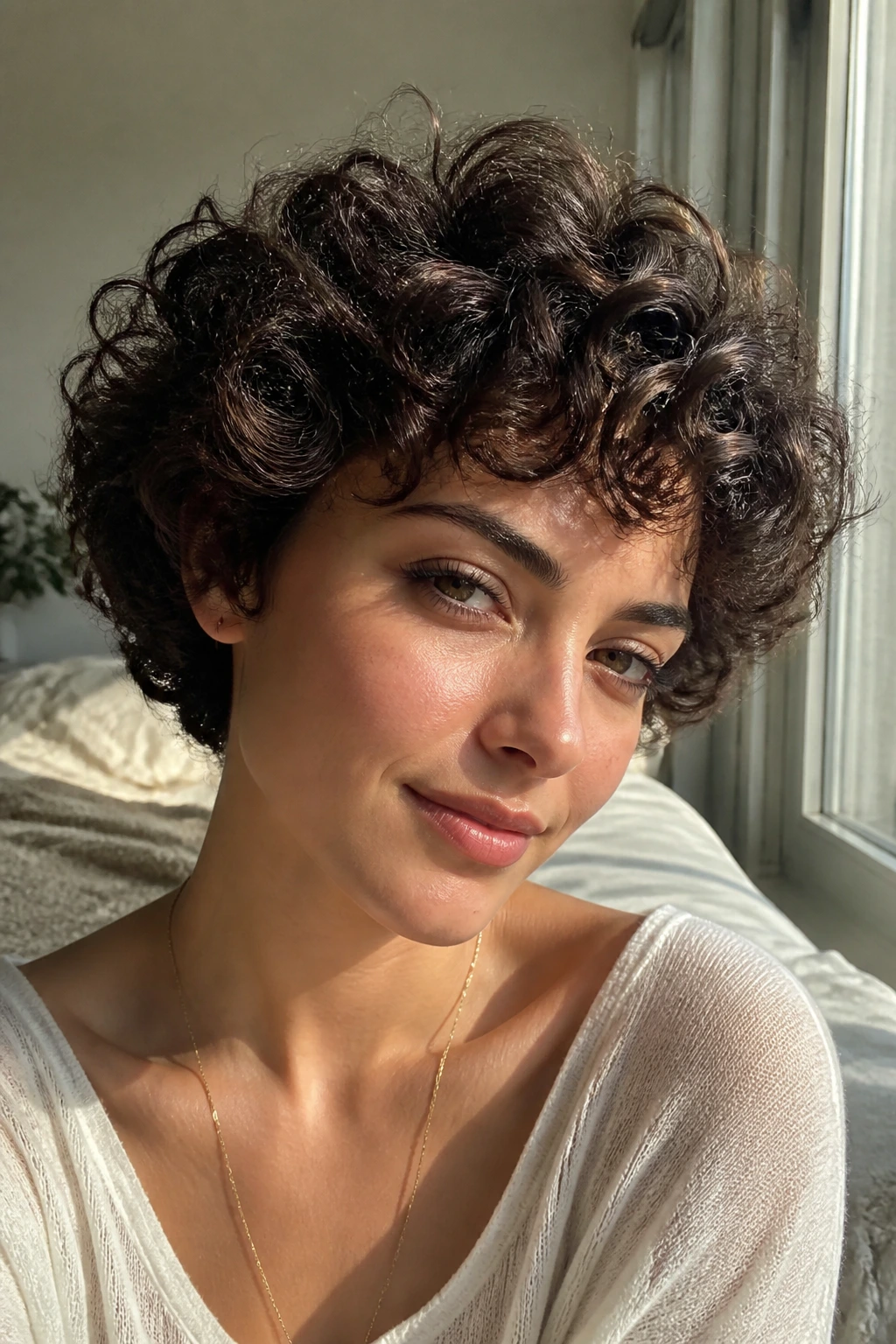 Close-up of a real woman with Halo Crop curls