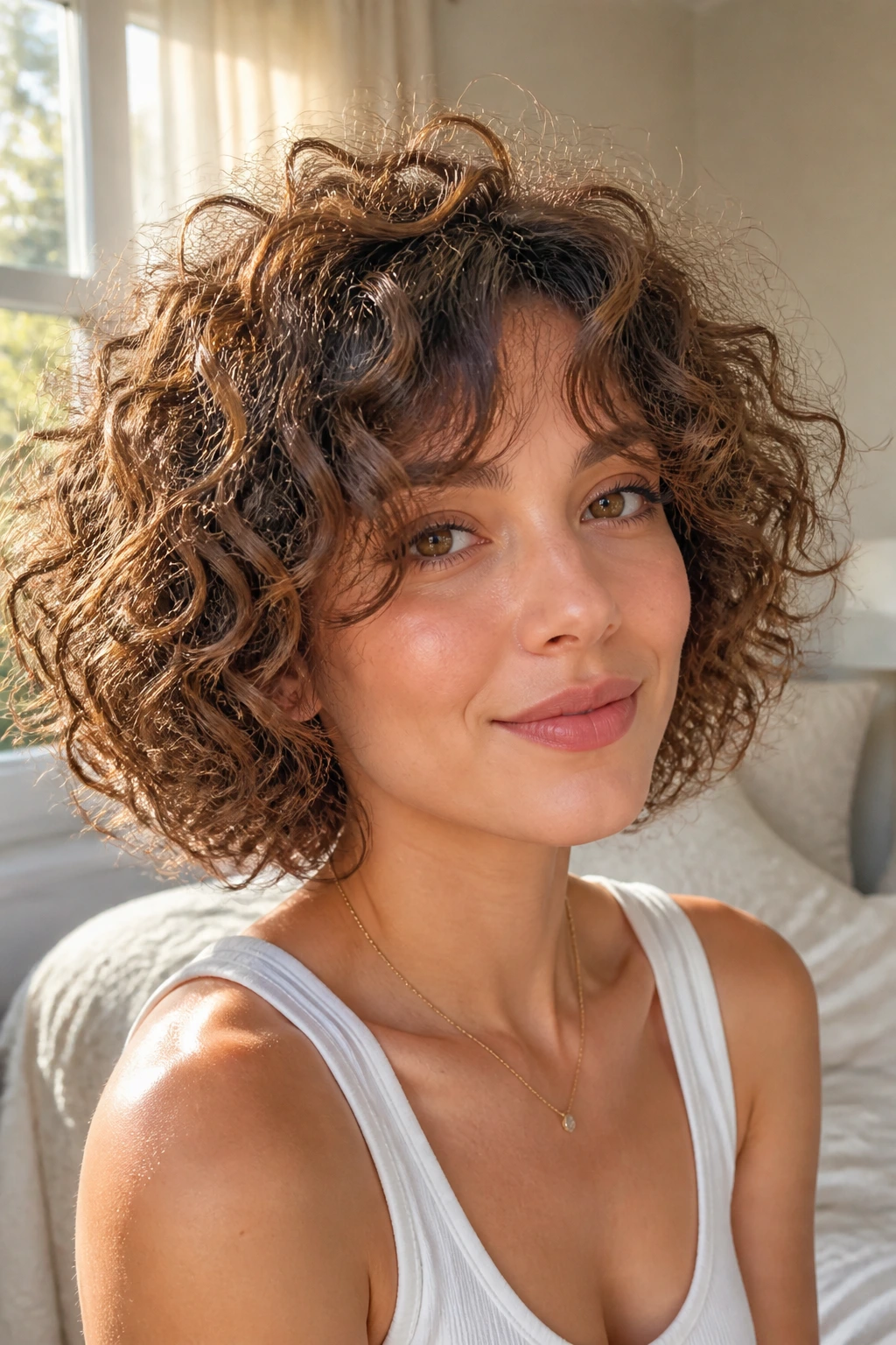 Close-up of a real woman with a rounded halo crop and full curtain bangs, face-framing curtains in warm window light.