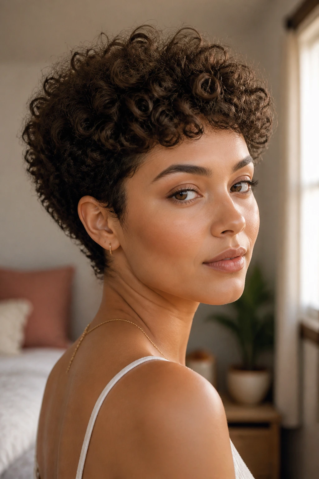 Close-up portrait of a real woman with a halo crop hairstyle in warm window light.