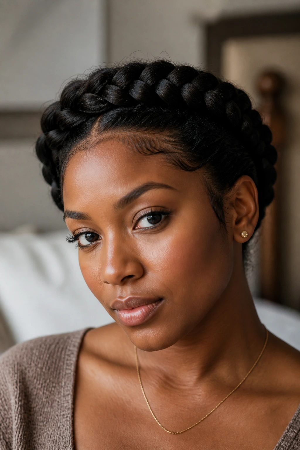 Close-up portrait of a real person wearing a halo crown braid around the head