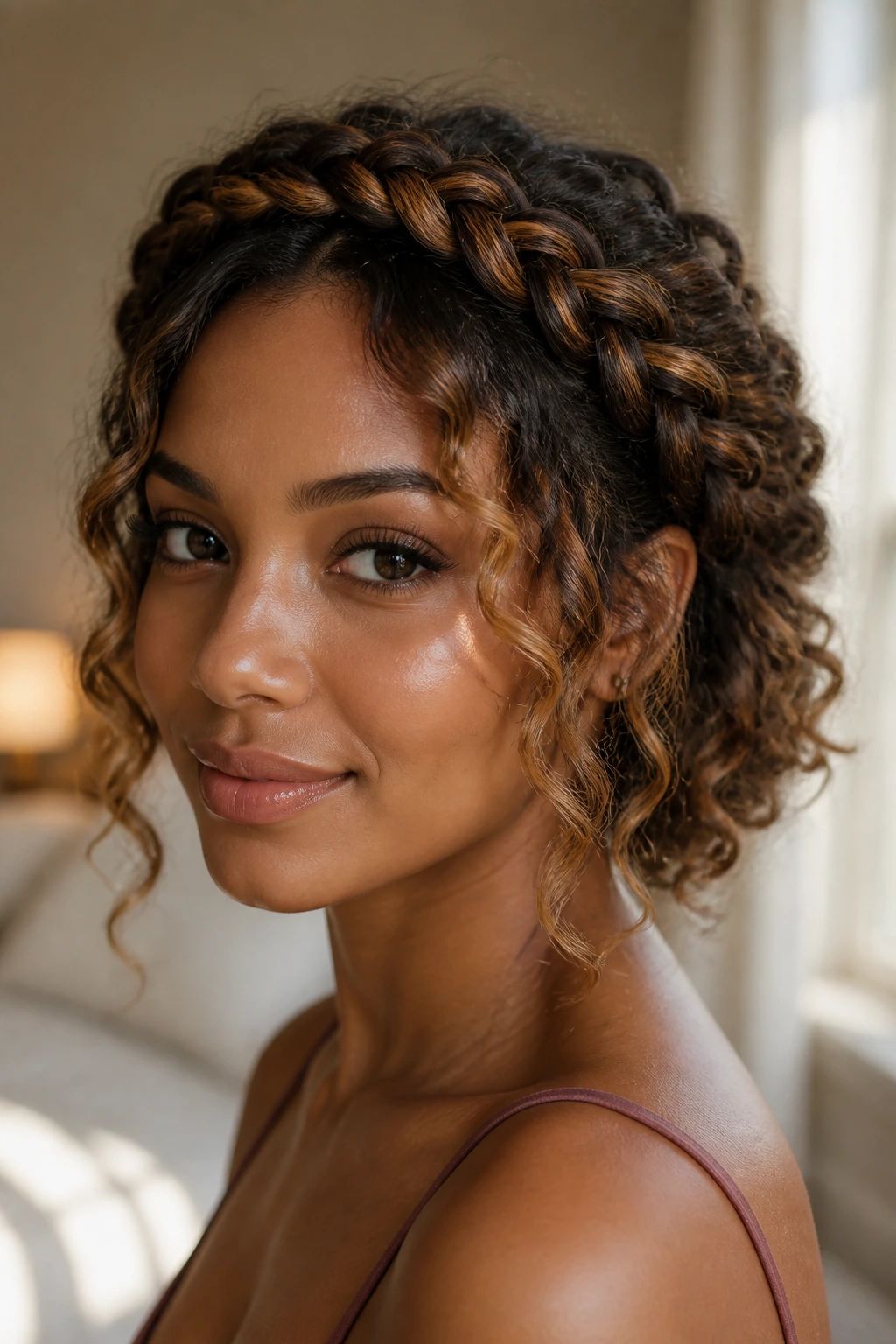 Close-up portrait of a real woman with halo crown braid and caramel face-framing pieces in soft window light