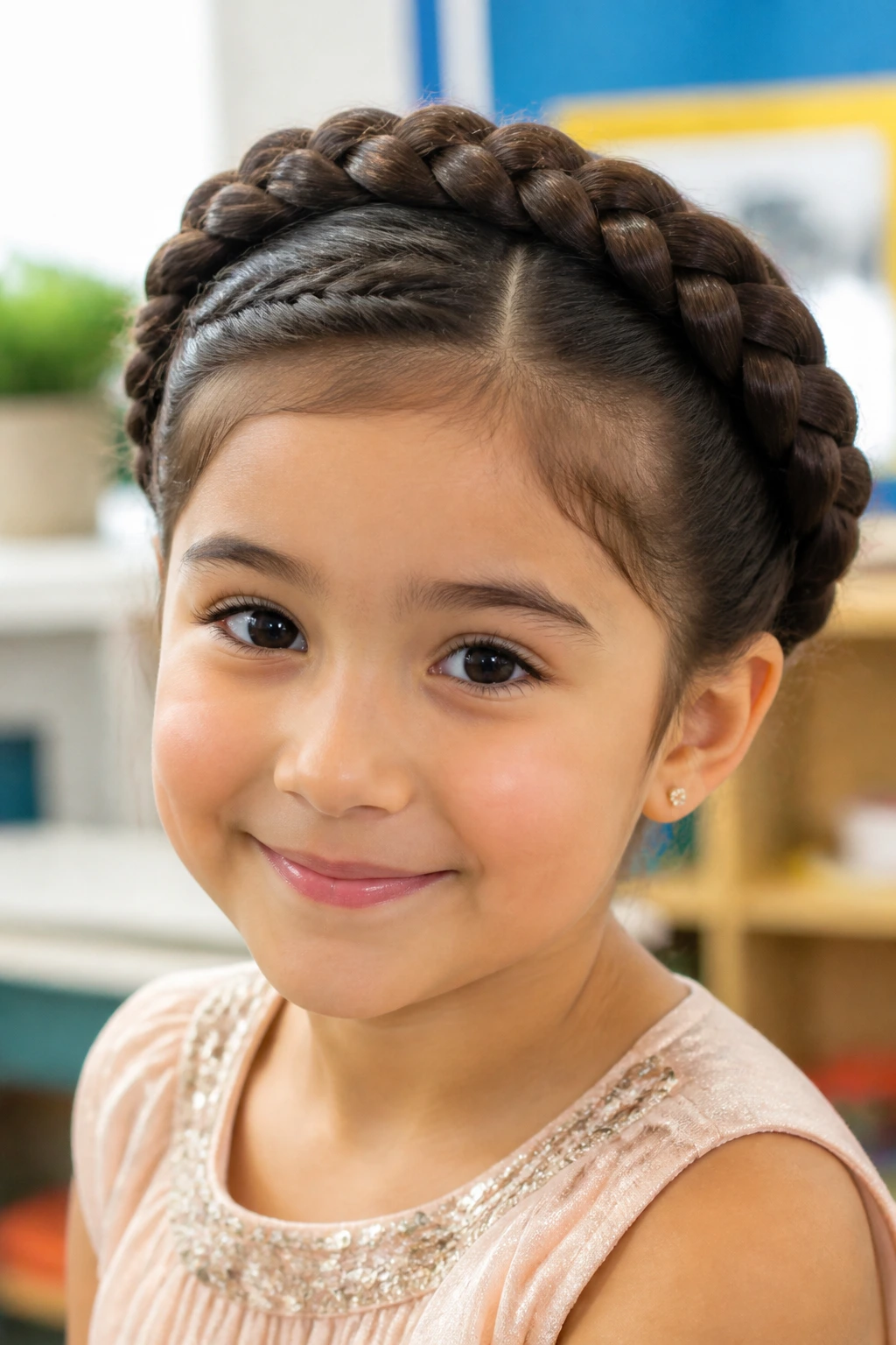 Close-up of a child wearing a halo crown braid