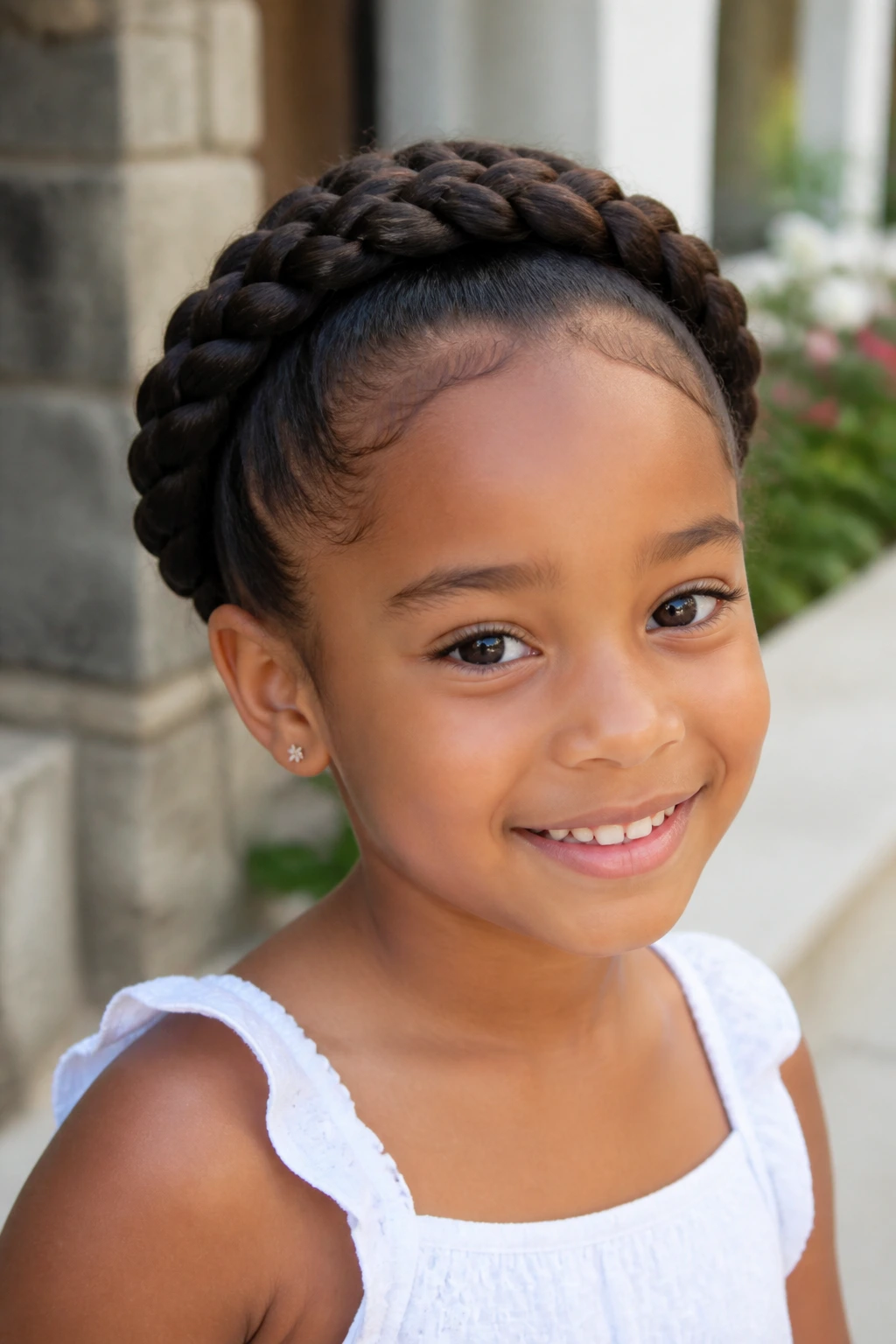 Close-up portrait of a real child girl wearing a halo crown braid with tucked ends in a garden setting