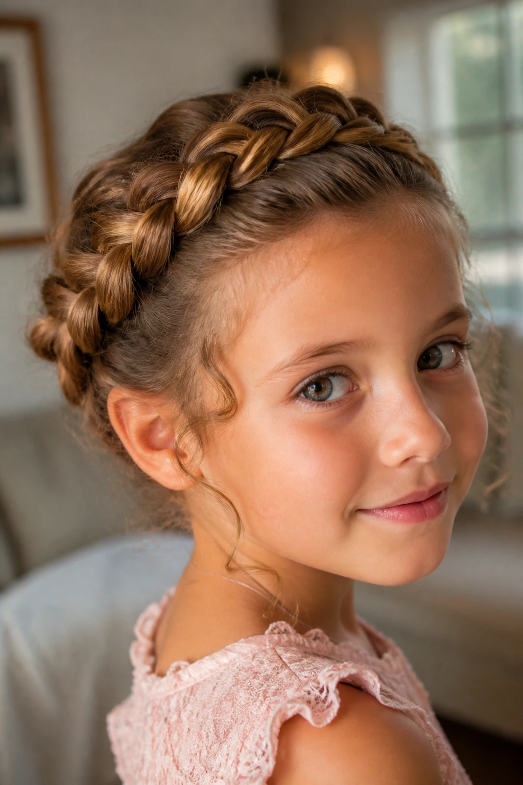 Child wearing a halo crown French weave around the head