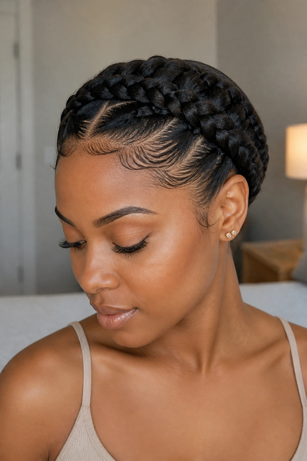Close-up of a real woman wearing a halo crown made of double Dutch braids