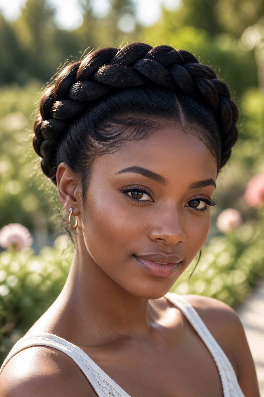 Real woman wearing halo crown French braid in a garden setting.