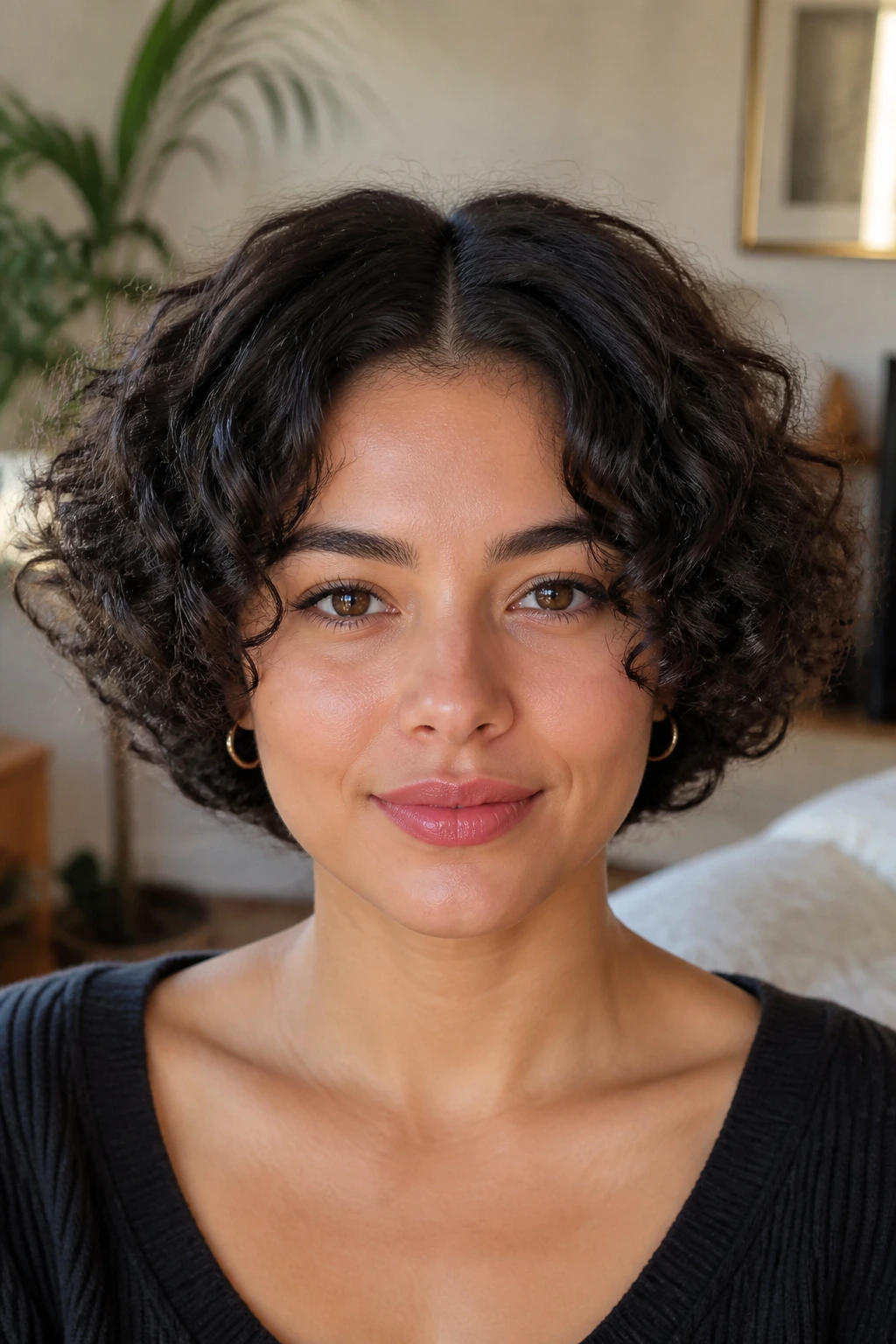 Real person with halo curls and center part, face framed by even, voluminous curls.