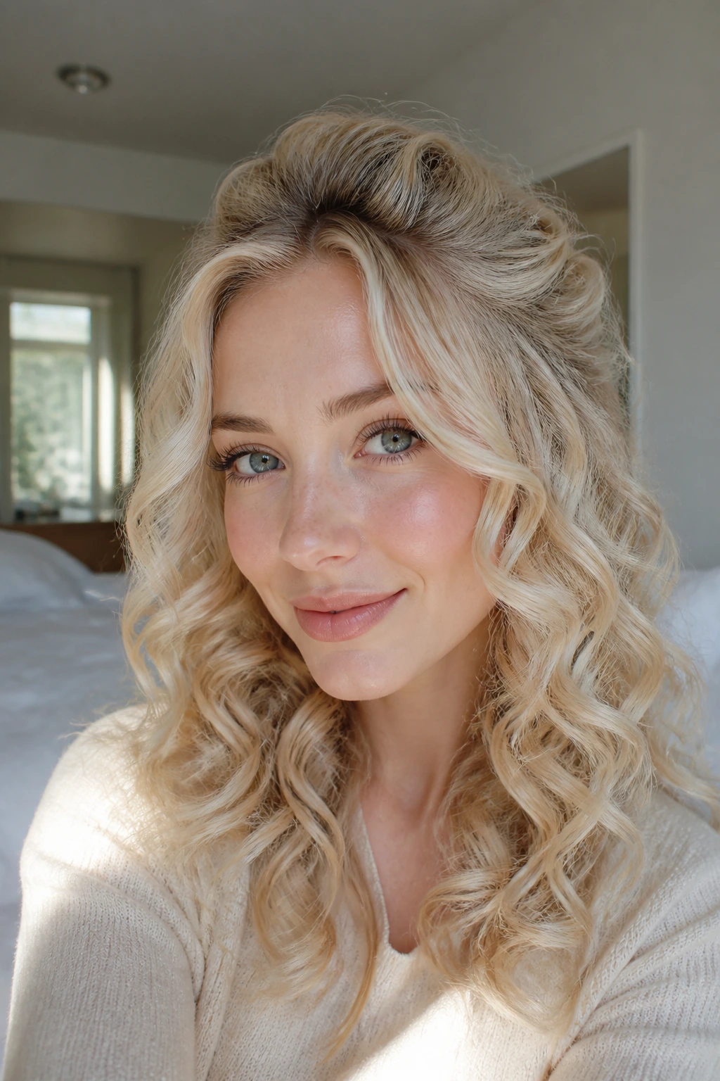 Close-up of a real woman with halo curls and lifted front pieces