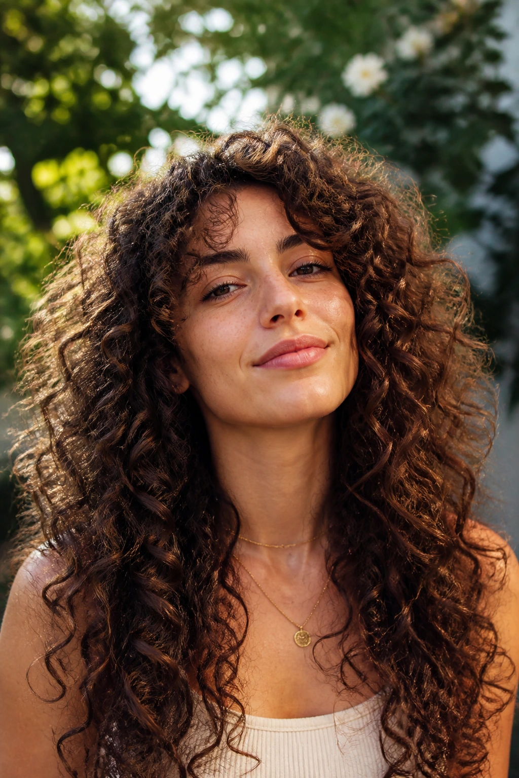 Close-up of a real woman with halo-shaped long curls around the head