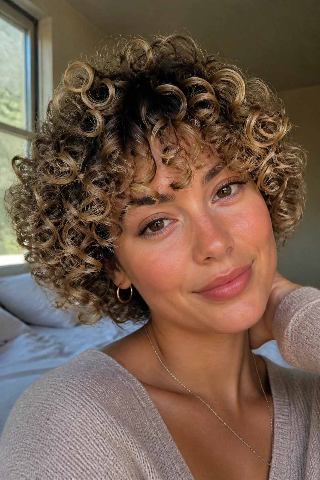 Close-up of a woman with cropped halo curls and shadow root in warm bedroom light
