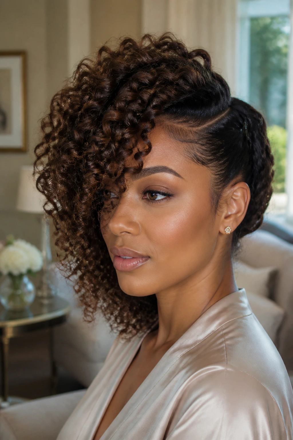 Close-up of deep side-swept halo curls across the forehead