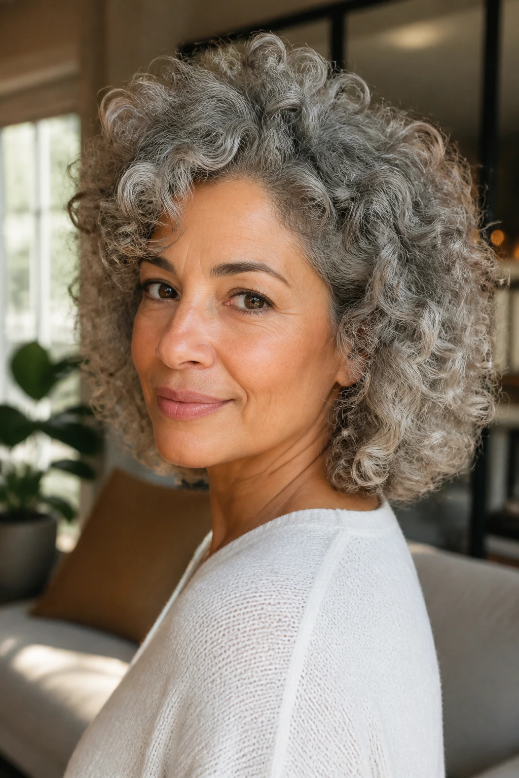 Close-up of a real woman with Curly Halo Cut with Warm Silver Ends showing a halo of curls