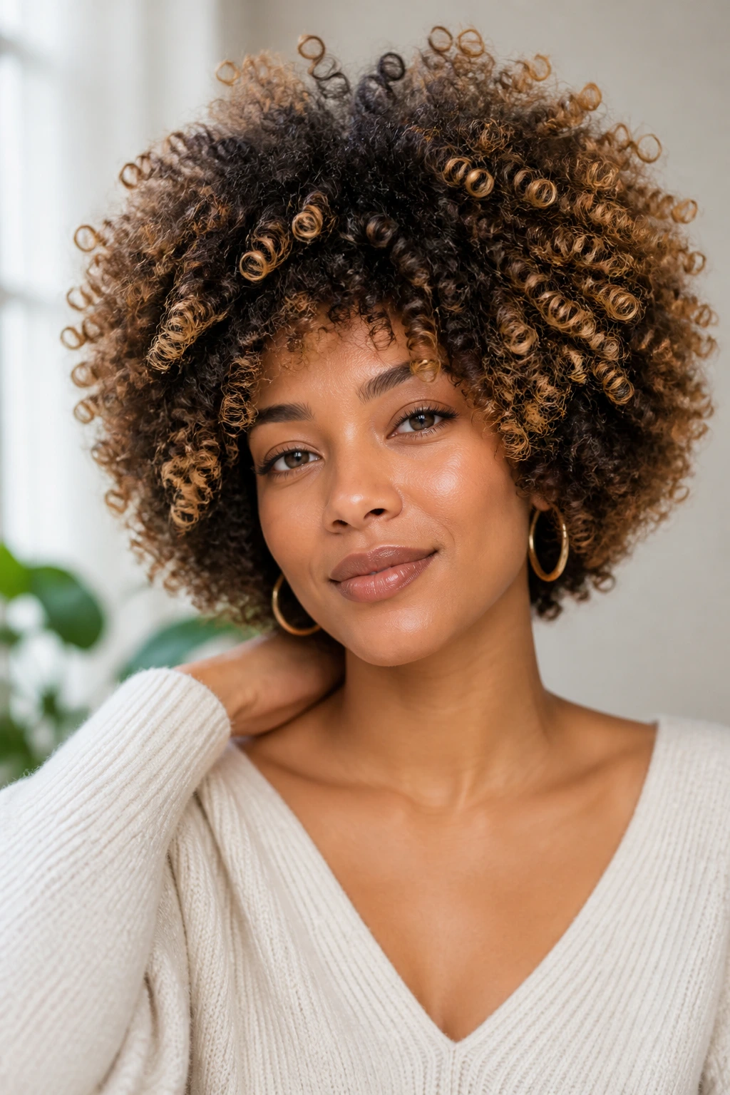 Head-and-shoulders of a real woman with halo-cut on dense coils and caramel tips.