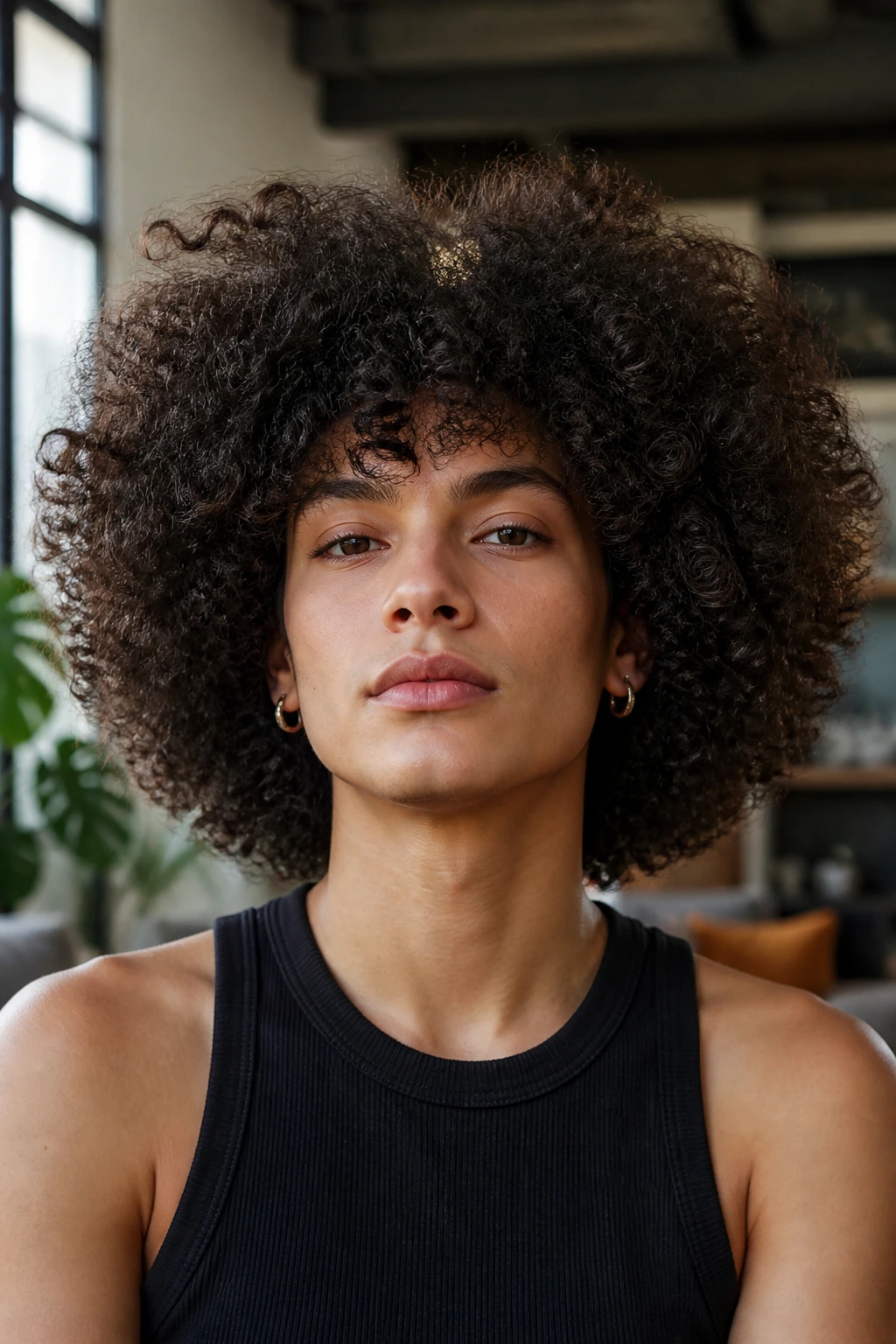 Close-up of a real person wearing a big halo-shaped halo cut