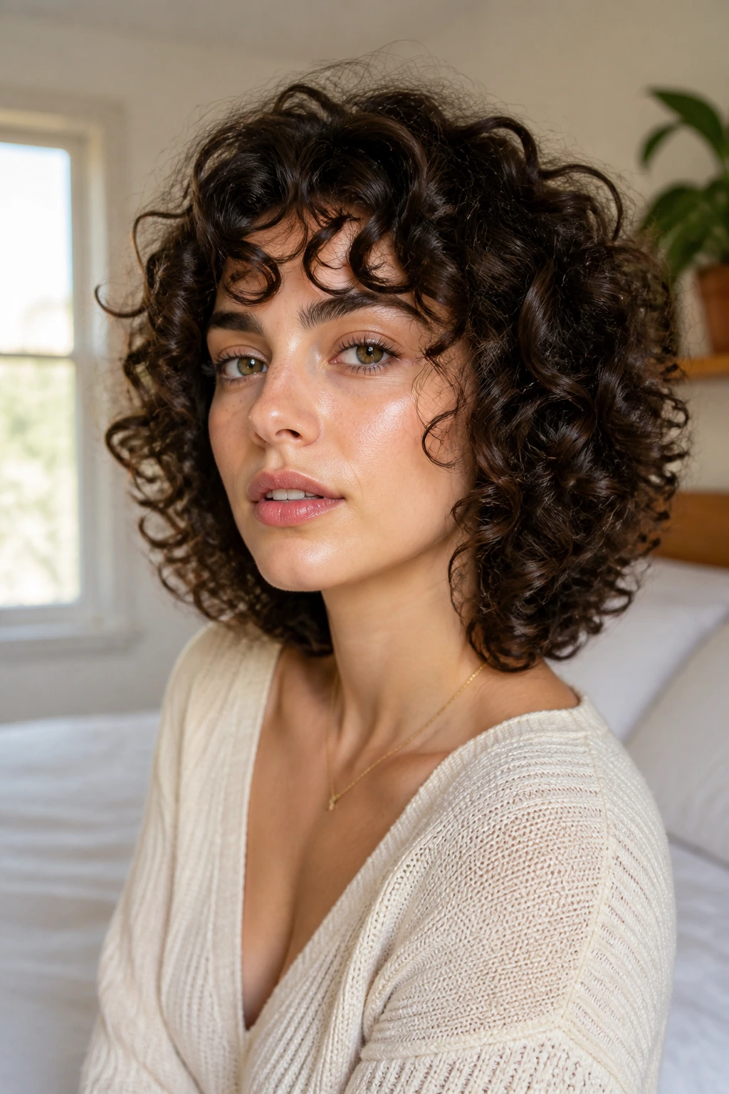 Close-up of a real person with a halo cut featuring a rounded silhouette and curls framing the face in warm natural light.