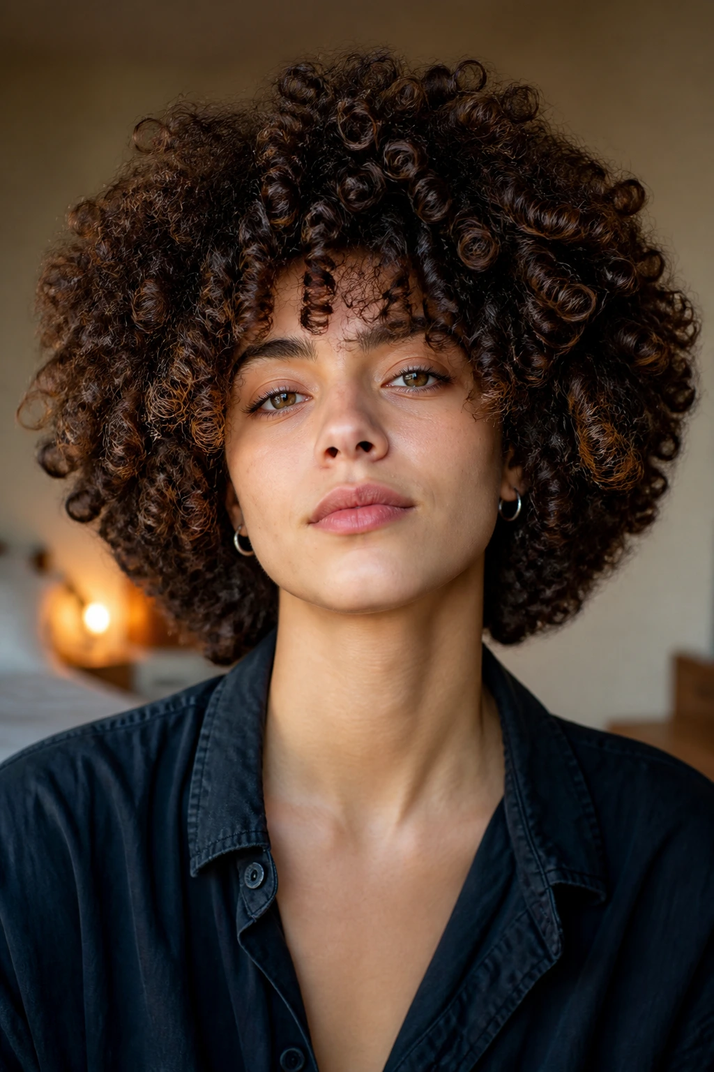 Real person wearing a big halo curly cut that frames the face