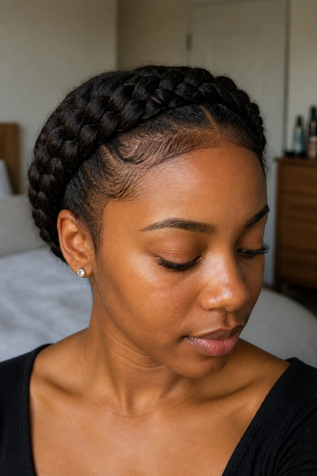 Close-up of halo Dutch braid around the hairline on a real person