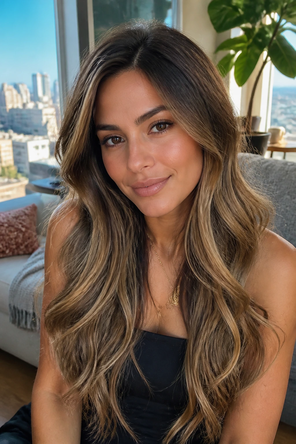 Close-up of a woman with halo-extension waves blended with natural hair.