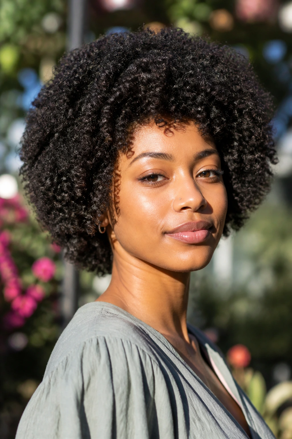 Close-up of real person with halo-framed Afro crop in natural daylight
