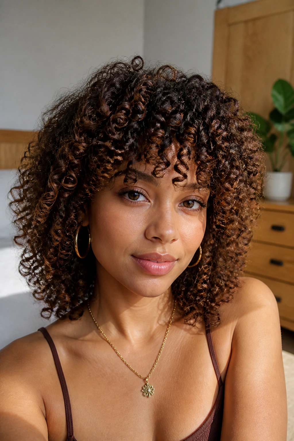 Close-up portrait of a real woman showing halo fringe on curly coils framing the forehead.