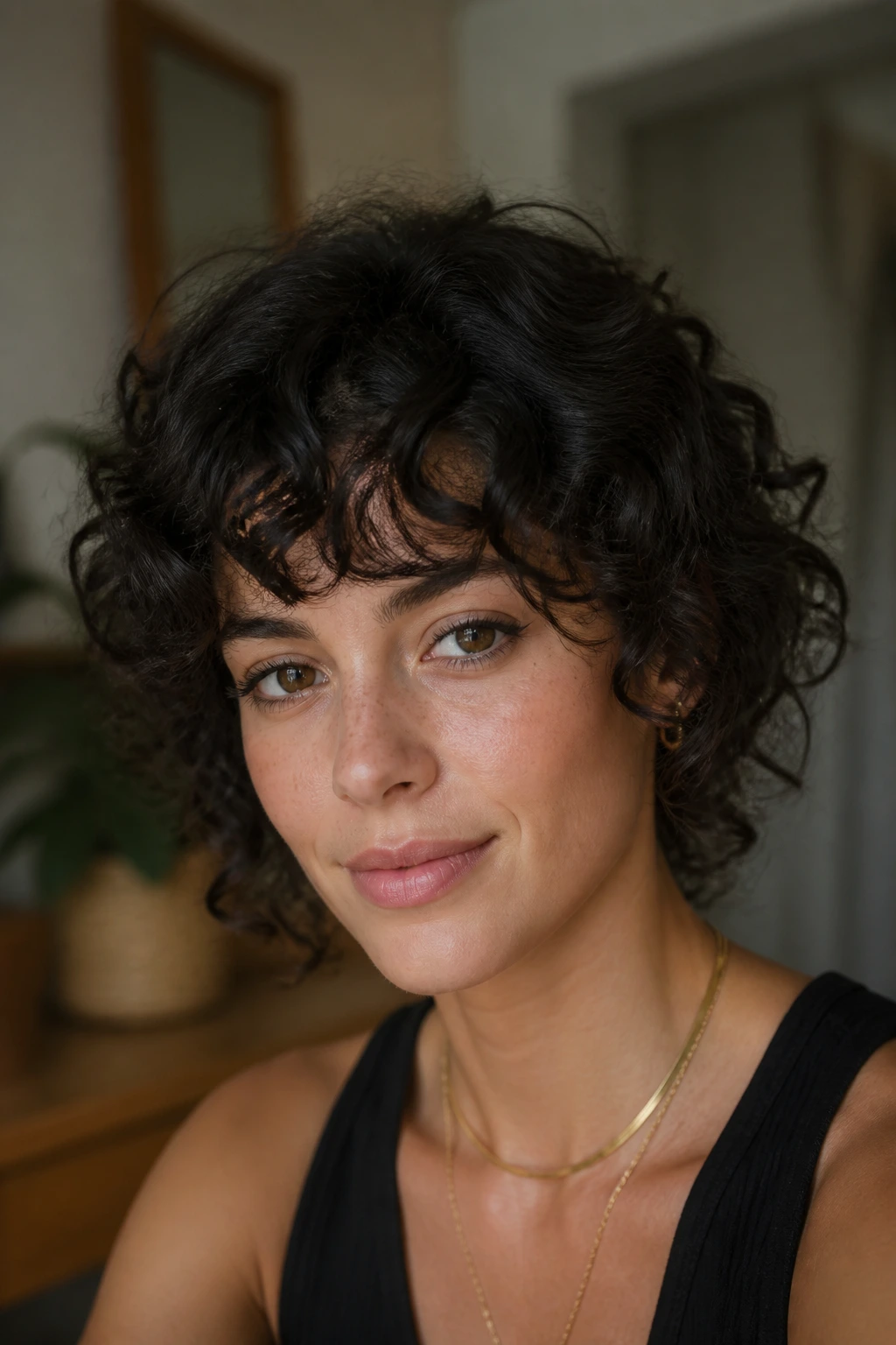 Close-up of a woman with halo fringe and lifted crown in soft natural light