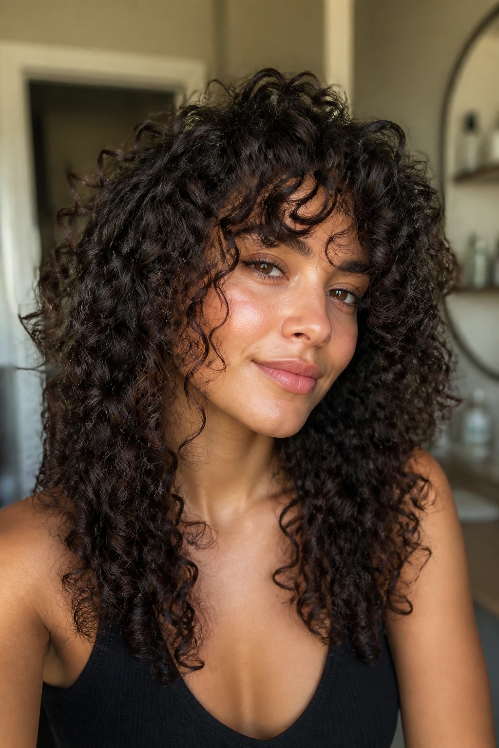 Close-up of a real woman with halo fringe and graduated length in curls.