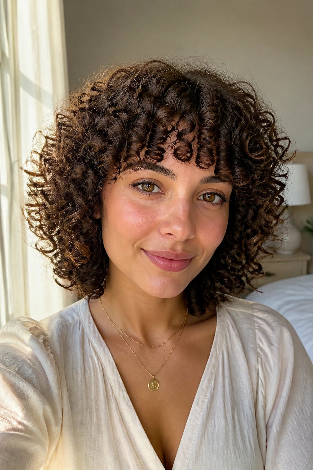 Close-up of a real woman with rounded halo fringe formed by curls, warm window light
