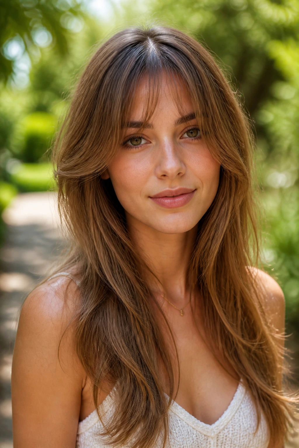 Close-up portrait of a real woman with halo fringe in a sunlit garden.