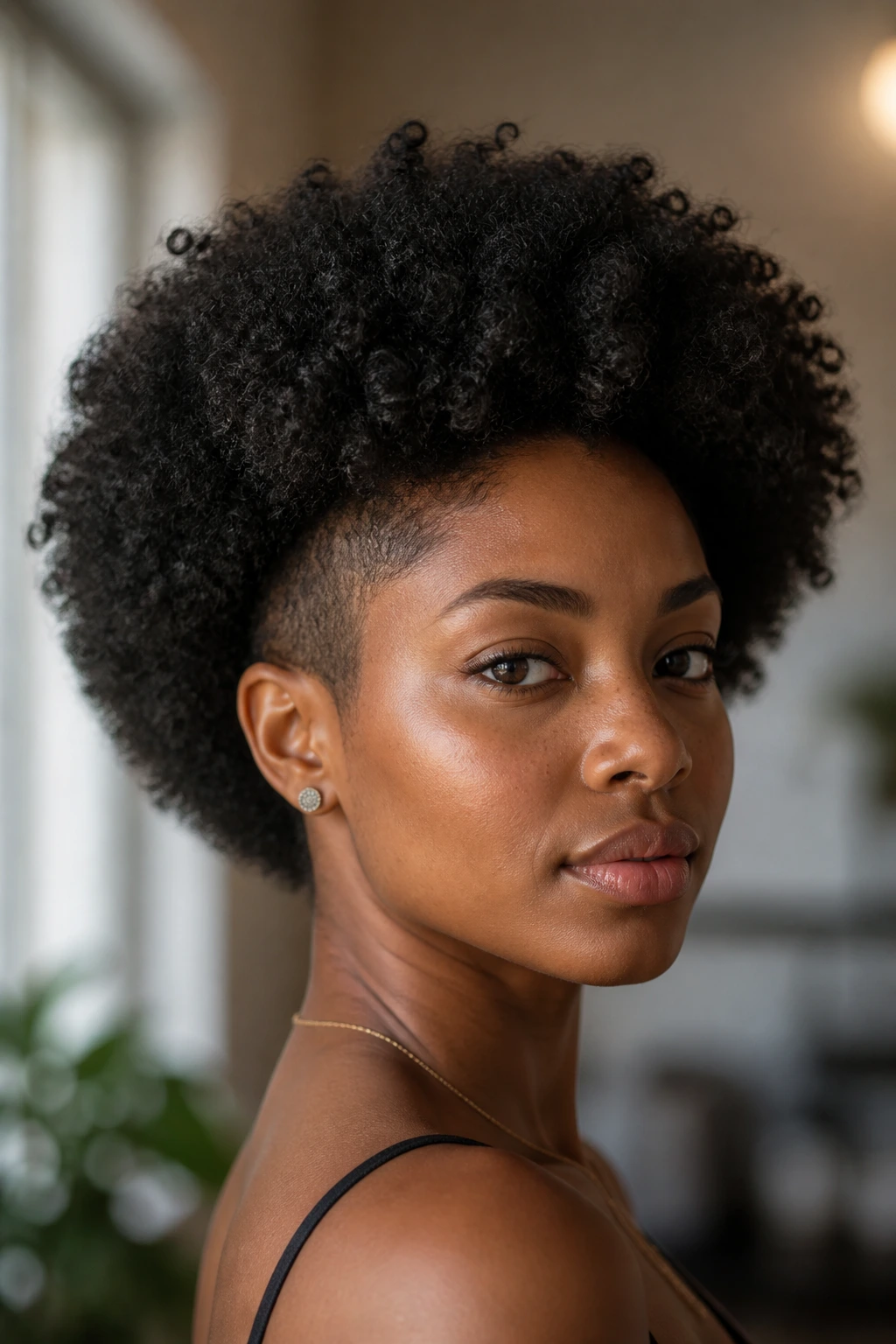 Close-up of a real Black woman with halo fro and tapered nape