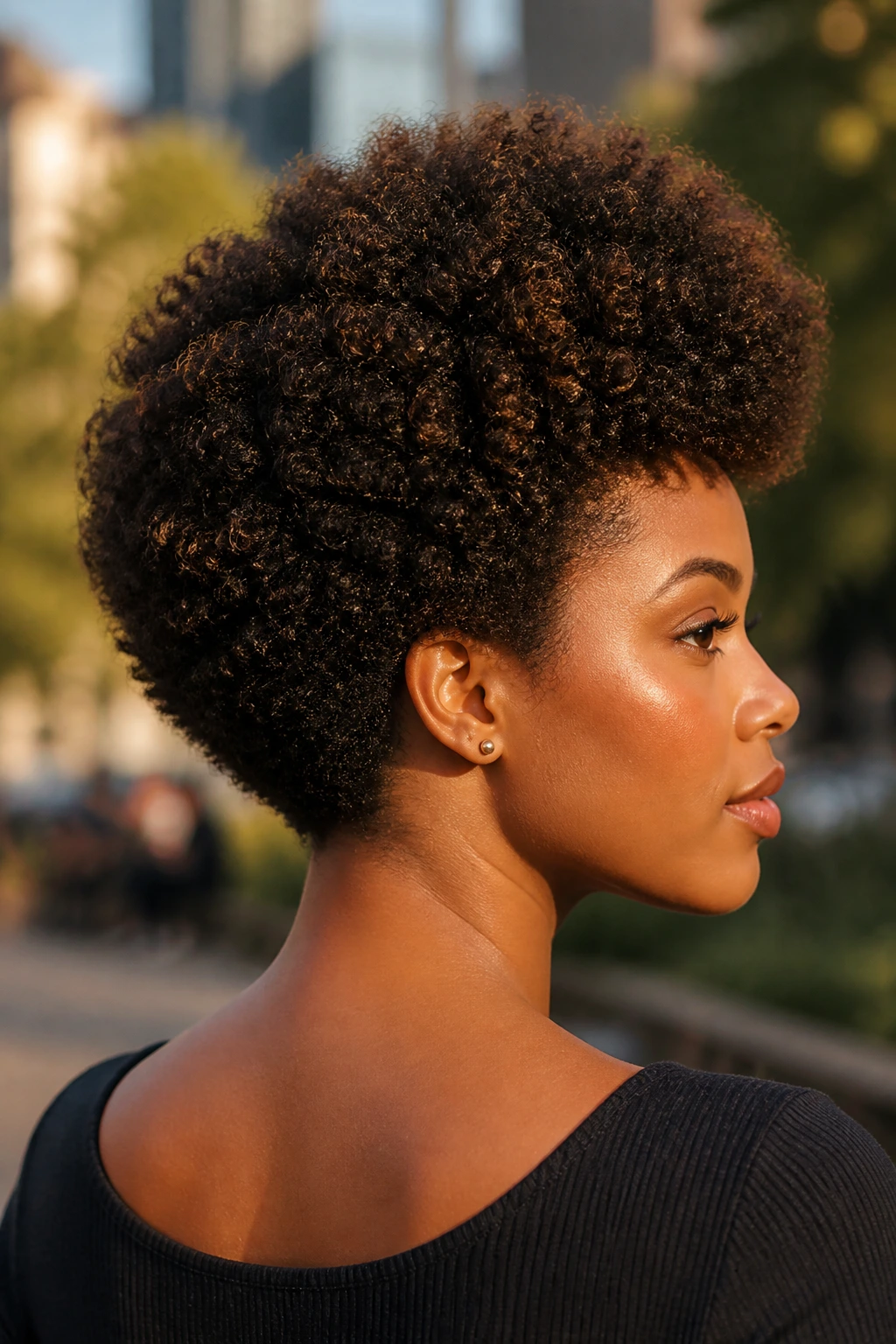 Close-up of a Black woman with a halo fro and tapered nape.