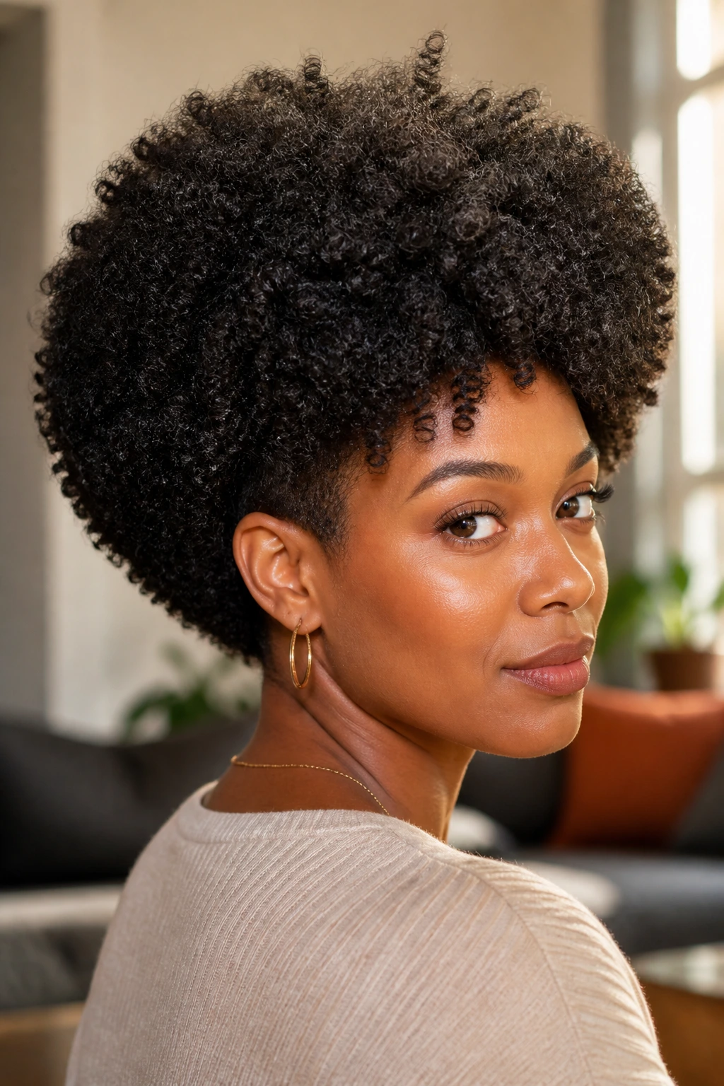 Close-up portrait of a real Black woman with a halo fro and tapered-nape silhouette.