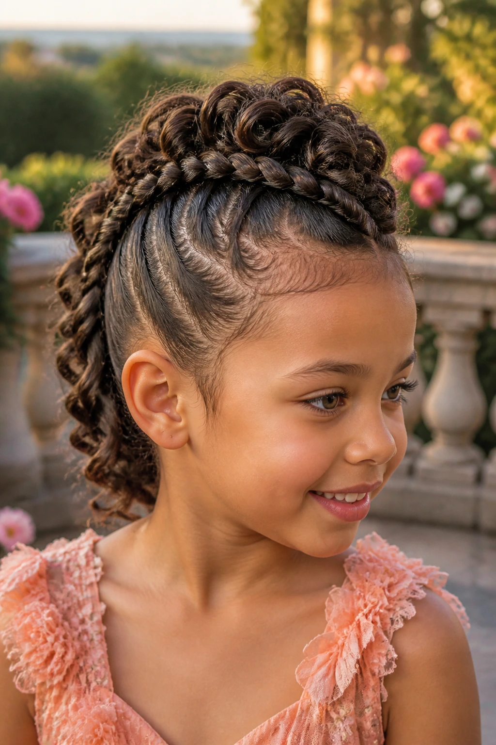 Close-up of a real girl with a twisted halo hawk hairstyle outdoors at golden hour.