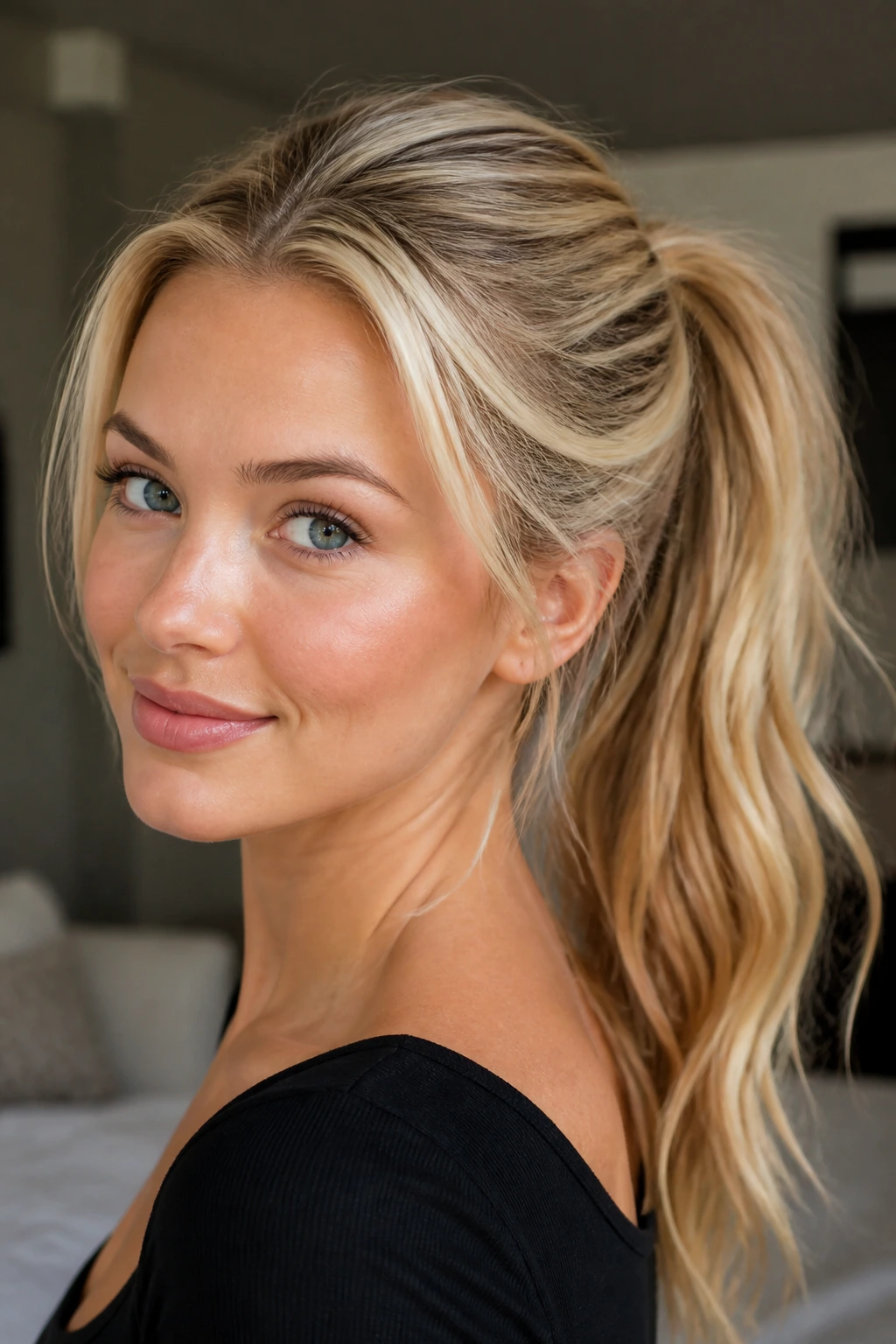 Close up of a real woman with halo-highlighted hair in a ponytail
