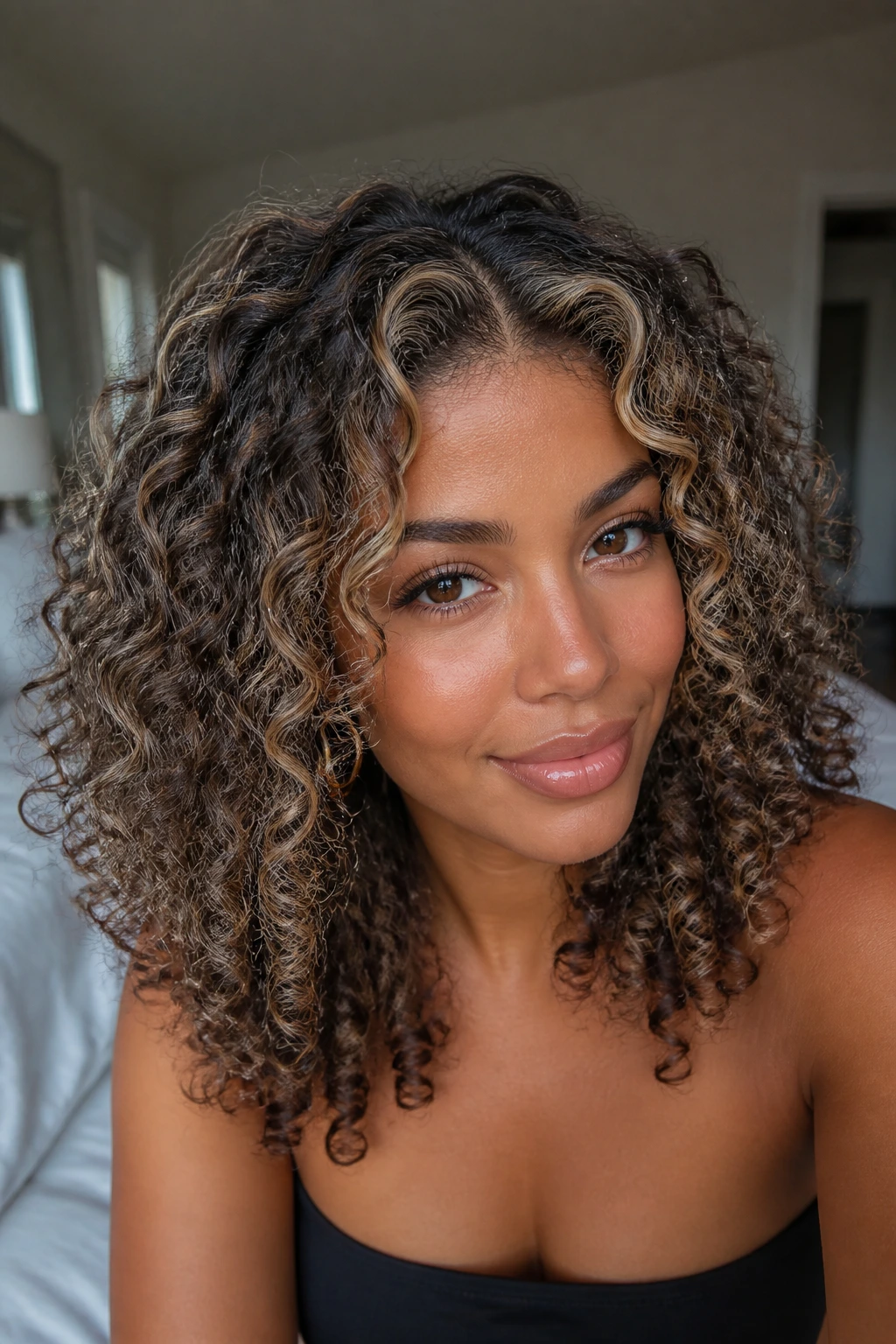 Close-up portrait of a real woman with tan skin and curly hair showing halo highlights around the crown and part
