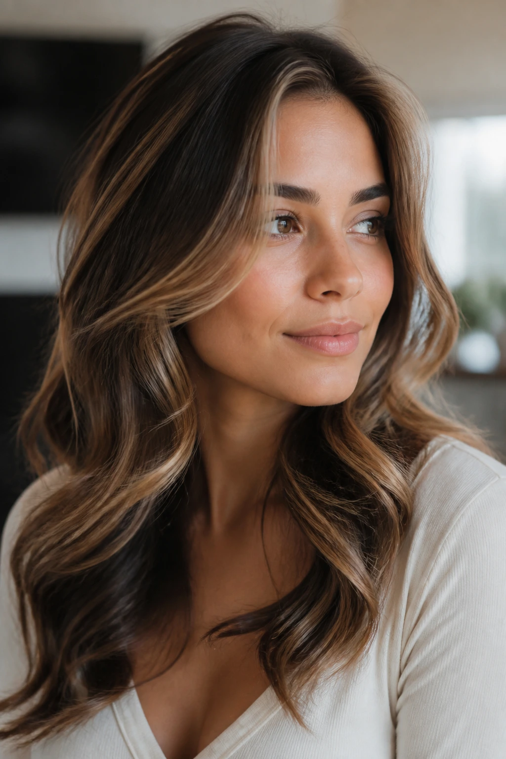 Close-up of a woman with halo highlights framing her face.