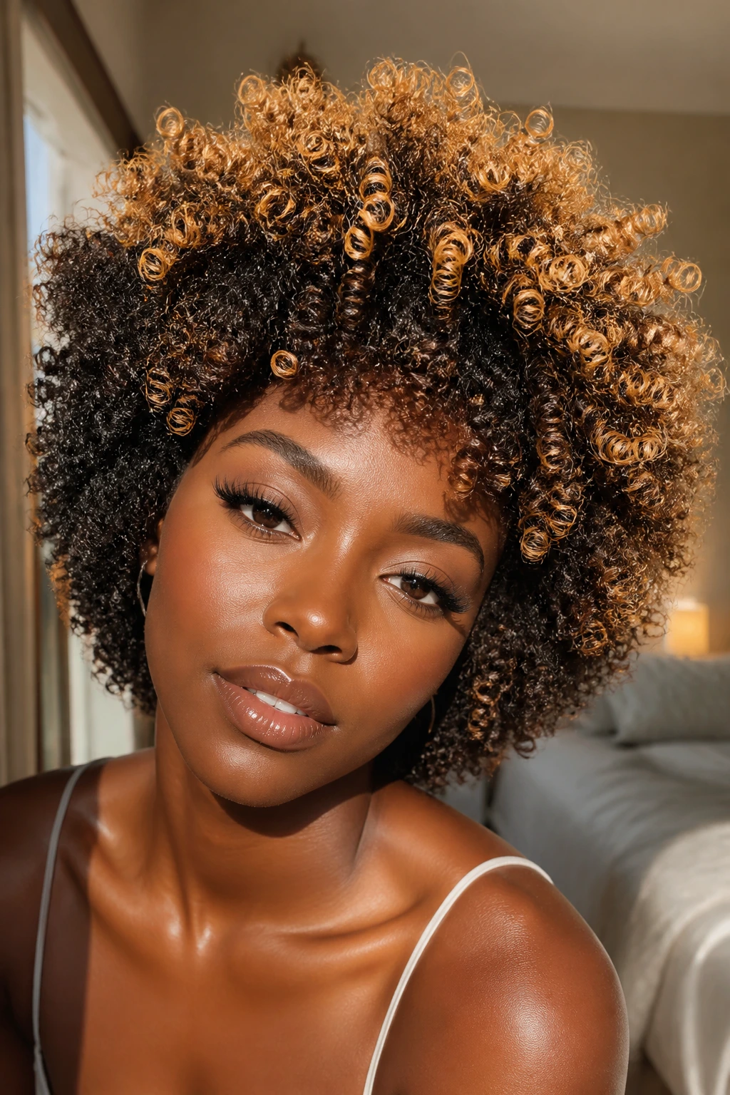Close-up of a real person with halo honey on 4C curls around the crown, curls framing the face.