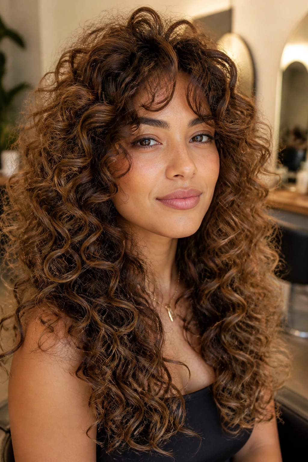 Close-up of a real woman showcasing halo-layered curls with crown lift.