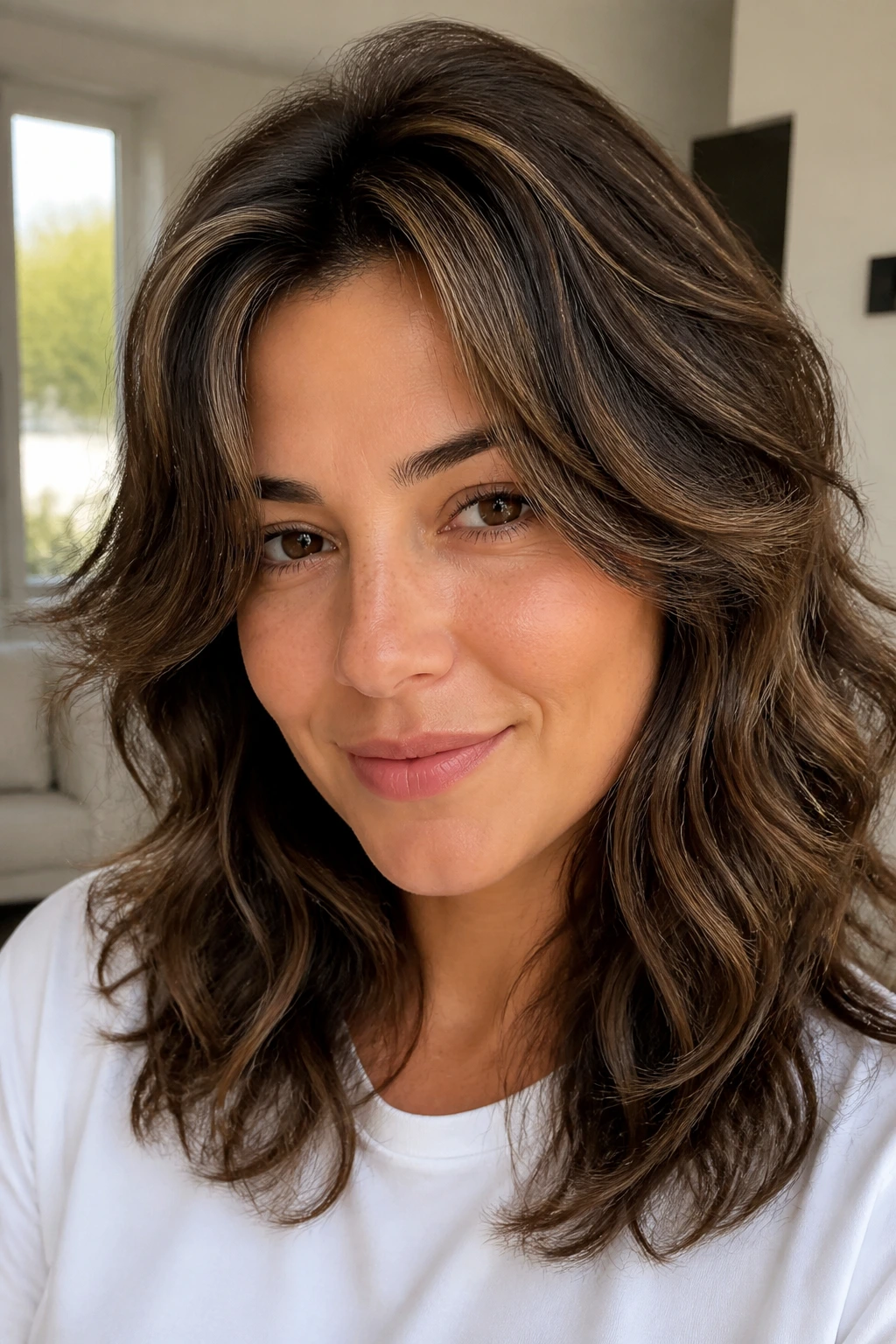 Close-up portrait of a real woman with halo layer cut showing crown lift